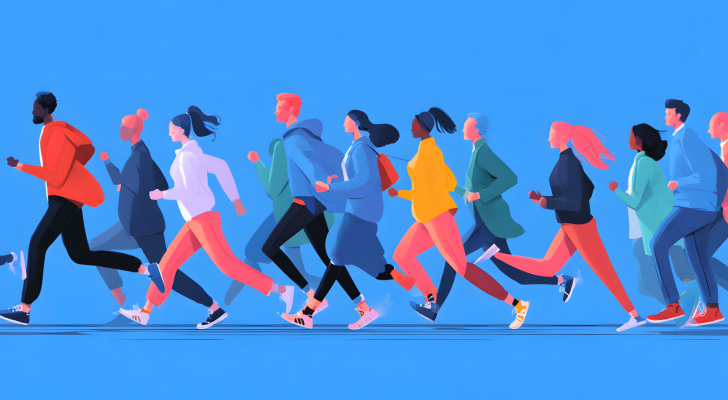 Diverse group of people run together across a blue background, representing wellness and wellness stocks