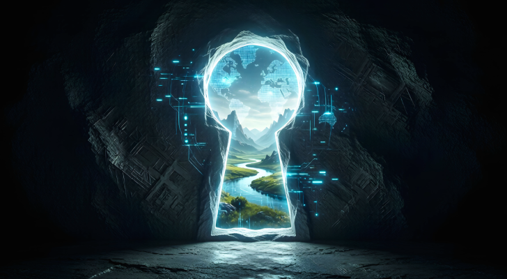 A digital keyhole gateway, leading from a dark cave to a lush world, representing AI capabilities and unlocking/expanding AI agent use