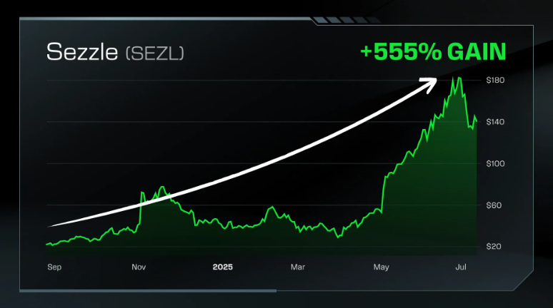 Chart showing SEZL's 555% gain from September 2024 to July 2025