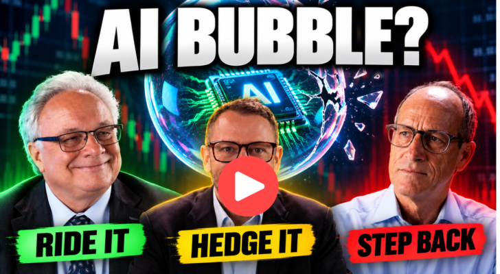 Louis Navellier, Jonathan Rose, and Eric Fry with "AI Bubble" overhead