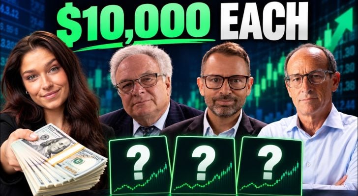 Crystal Navellier holding a wad of cash to Louis Navellier, Jonathan Rose and Eric Fry to signify where would they invest $10,000 today.